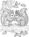 Two Squirrels Standing Holding Acorn On Top Tree Branch With Leaves Line Drawing. Chipmunks Facing Each Other Eating Nut Royalty Free Stock Photo