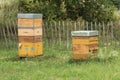 Two stacks of beehives