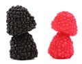 Two stacks of jelly fruit in berries candy form.