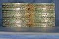 closeup view of two stacks of old 2 pound coins - stock photo Royalty Free Stock Photo