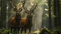 Two stag in the forest during a rut season, staring at camera