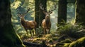 Two stag in the forest during a rut season, staring at camera