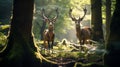 Two stag in the forest during a rut season, staring at camera