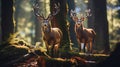 Two stag in the forest during a rut season, staring at camera