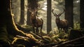 Two stag in the forest during a rut season, staring at camera