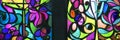 Two Stained Glass Windows With Abstract Background Of Multicolored Glass With Floral And Fruit Ornaments, Banner