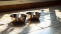 Two stainless steel bowls on tiled floor with sunlight patterns, ai generated Royalty Free Stock Photo