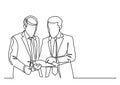 Two standing businessmen discussing work problem - continuous line drawing