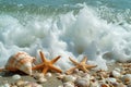 Two starfish lie beside a sea shell on the sandy shore of a beach, Wave crashing on a beach with starfish and shells, AI Generated Royalty Free Stock Photo