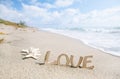 Two starfish with love message on Florida beach