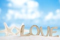 Two starfish with love message on Florida beach under the sun