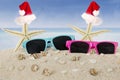 Two starfish with sunglasses on the white beach Royalty Free Stock Photo