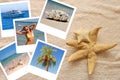 Two starfishes and photos on a beach towel Royalty Free Stock Photo