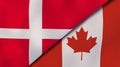 The flags of Denmark and Canada. News, reportage, business background. 3d illustration