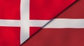 The flags of Denmark and Latvia. News, reportage, business background. 3d illustration