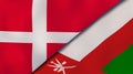 The flags of Denmark and Oman. News, reportage, business background. 3d illustration