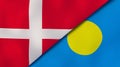 The flags of Denmark and Palau. News, reportage, business background. 3d illustration
