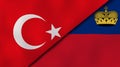 The flags of Turkey and Liechtenstein. News, reportage, business background. 3d illustration