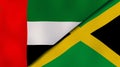 The flags of United Arab Emirates and Jamaica. News, reportage, business background. 3d illustration