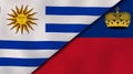 The flags of Uruguay and Liechtenstein. News, reportage, business background. 3d illustration