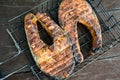 Two steaks of salmon on the grill. Top view Royalty Free Stock Photo