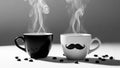 Two steaming coffee cups one black one white with mustache graphic and coffee beans Royalty Free Stock Photo