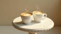 Two steaming cups of latte art coffee on a white marble side table bathed in sunlight. Generative AI Royalty Free Stock Photo
