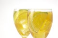Two stemmed glasses with ice tea