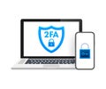 Two step authentication 2fa, flat cartoon smartphone and computer safety login or signin. Vector stock illustration.