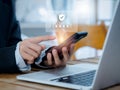 Two steps authentication 2FA concept. 2023, Shield and asterisk icons code showing on smart phone. Royalty Free Stock Photo