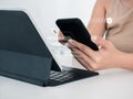 Two steps authentication or 2FA concept. Virtual safety shield icon while access on phone with computer for validate password.