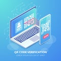 Two steps QR Code authentication isometric concept. QR code and login form on laptop screen, smartphone scanning barcode