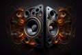 Two stereo speakers with graphic effects on dark background with reflection.Sound audio loud speakers. Generative ai illustration Royalty Free Stock Photo