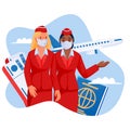 Stewardesses in protection masks on flying airplane background. Air travel new rules and safe flight vector illustration