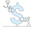 Two stick figure people solving dollar symbol puzzle Royalty Free Stock Photo