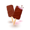 Two stick ice cream bar: in condition and nibbled. Fruit or berry summer dessert in chocolate glaze. Royalty Free Stock Photo