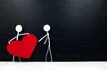 Two stick man holding a big red heart shape cutout. Share love and kindness concept.