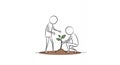 Two Stickman Figures Planting a Sapling Together on Brown Soil Against a White Background Symbolizing Environmental Royalty Free Stock Photo