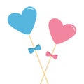 Two sticks with hearts and bows. Pink and blue pastel colors. Happy Valentines Day. Love greeting card template. Flat design. Whit