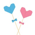 Two sticks with origami folded paper hearts and bows. Pink and blue pastel colors. Happy Valentines Day. Love greeting card templa