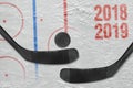 Two sticks, puck and a fragment of hockey arena with markup