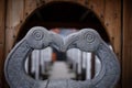 Two stone birds, Odin tribute stone sculpture in the Viking Hotel, Hafnafjordur, Iceland. Royalty Free Stock Photo