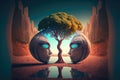 Two stone faces look at each other through a tall tree. surreal abstract landscape background. Generative ai illustration Royalty Free Stock Photo