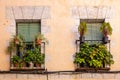 Two stone vintage windows with balconies with flower pots in traditional Spanish building. Royalty Free Stock Photo