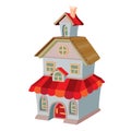 Two storey house with attic and red roof, cartoon illustration, isolated object on white background, vector Royalty Free Stock Photo