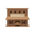 Two-storey saloon with swinging doors, big porch and blank signboard. Old wooden house. Flat vector icon Royalty Free Stock Photo