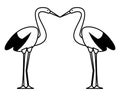 Two storks birds kissing cartoon in black and white Royalty Free Stock Photo