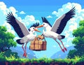 Two Storks Flying with a Delivery Package in a Nature Scene Royalty Free Stock Photo