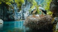 Two storks in a nest with an egg Royalty Free Stock Photo