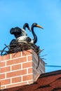 Two storks are sitting in a nest on a brick chimney stack on a red tiled roof.